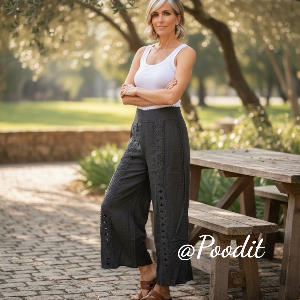 INA black butterfly detail linen palazzo pants S M L